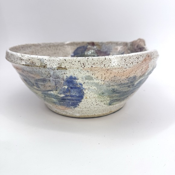 Large Artisan Studio Stoneware Bowl Artisan Signed Rustic Speckled Neutral Blue - Picture 4 of 13